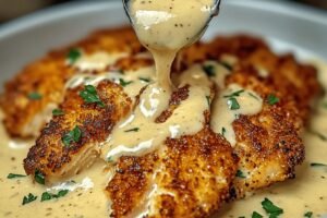 Parmesan Crusted Chicken with Creamy Garlic Sauce