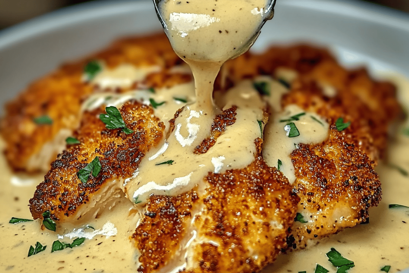 Parmesan Crusted Chicken with Creamy Garlic Sauce